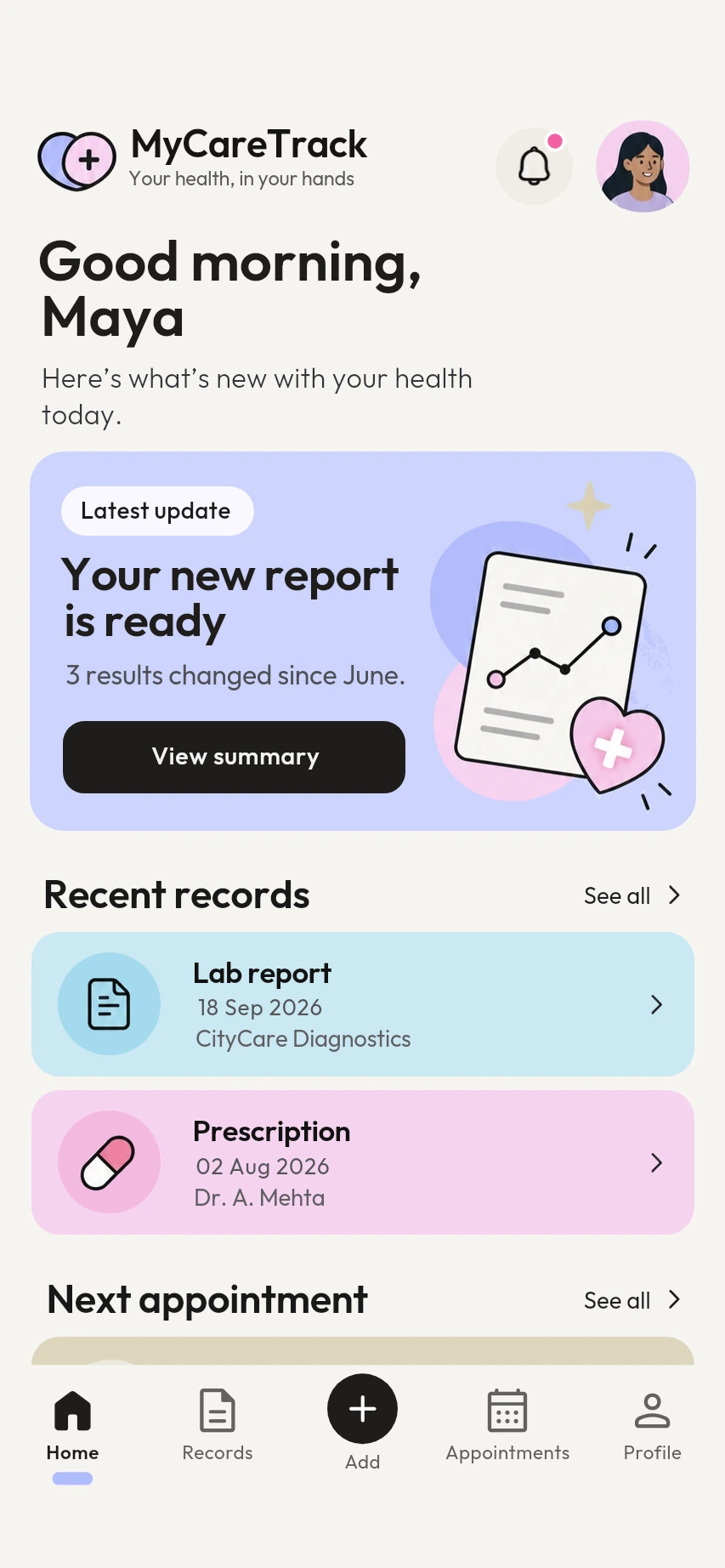 MyCareTrack home screen: a new lab report is ready, with recent records and the next appointment.