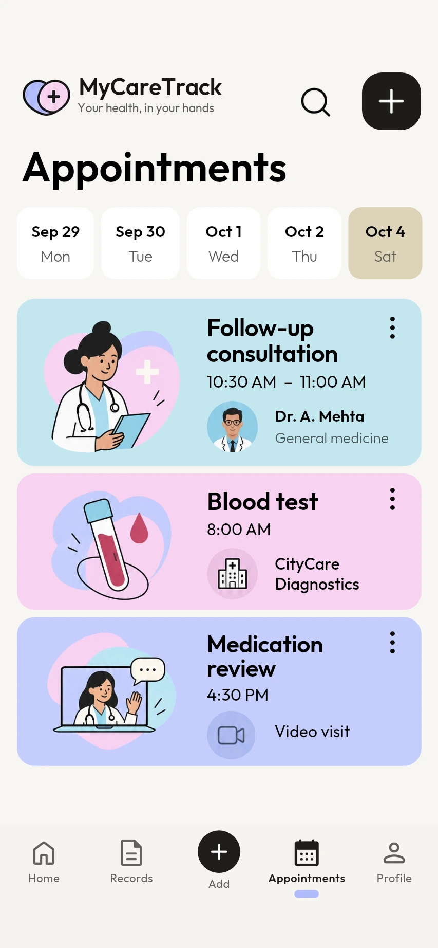 MyCareTrack appointments: a follow-up consultation with Dr. A. Mehta.