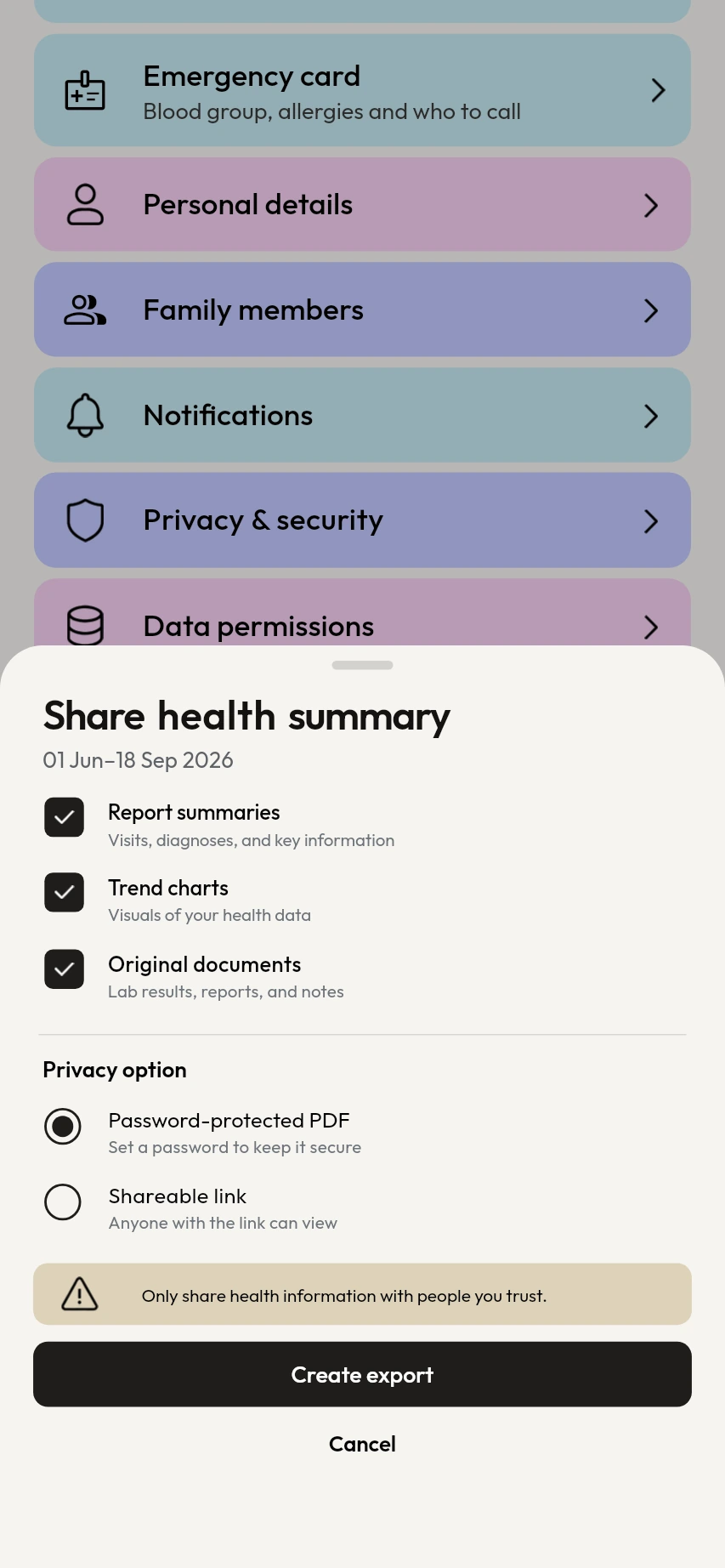 MyCareTrack Share health summary sheet: report summaries, trend charts and original documents.