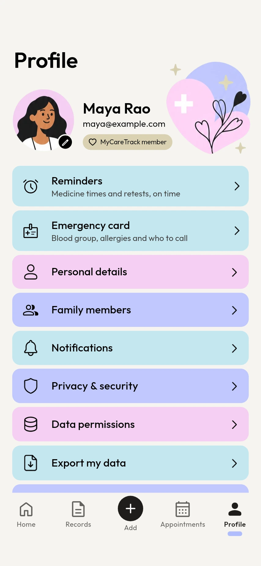 MyCareTrack profile menu icons: reminders, emergency card, personal details, family members and more.