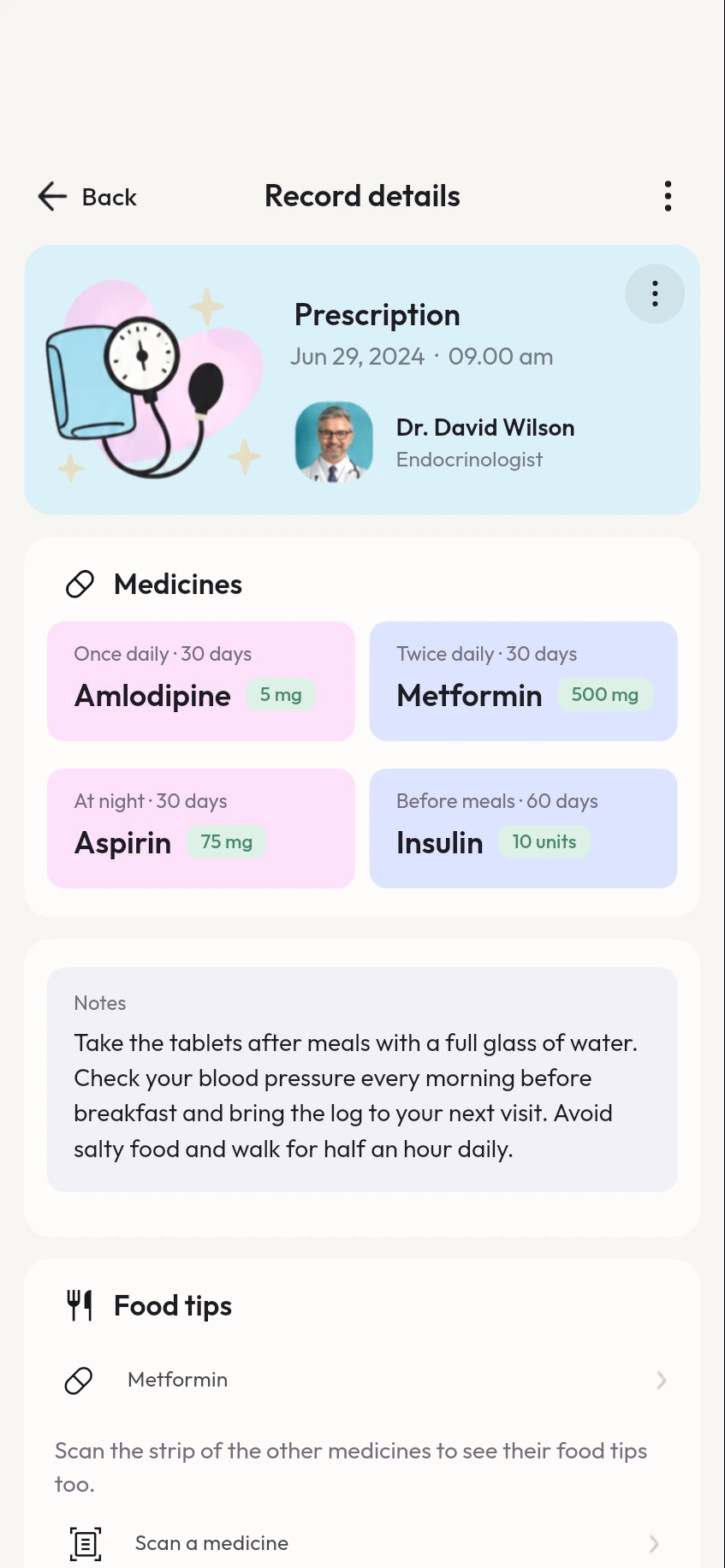 MyCareTrack prescription record: four medicines with their doses and how long to take them, the doctor's notes and food tips.